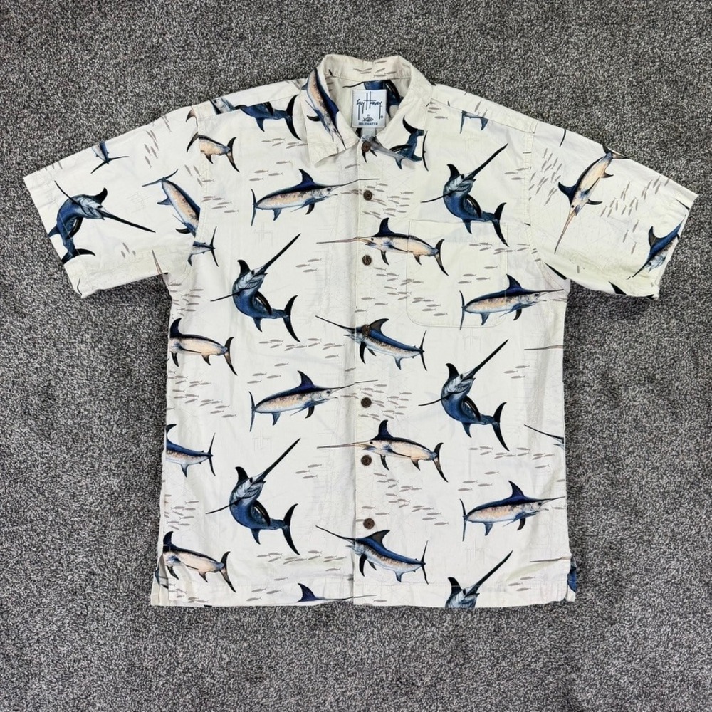 Guy Harvey AFTCO Bluewater Marlin Fish Button Up Shirt Mens Medium Short Sleeve - Picture 2 of 12
